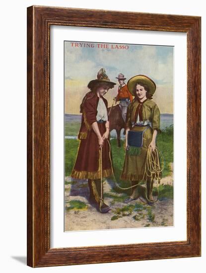 Cowgirls Trying the Lasso-null-Framed Art Print