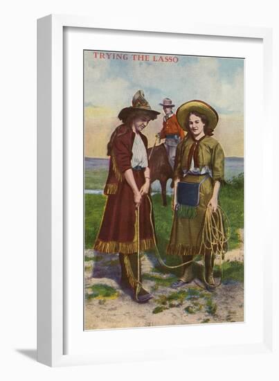 Cowgirls Trying the Lasso-null-Framed Art Print