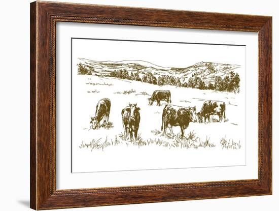 Cows Grazing on Meadow. Hand Drawn Illustration.-canicula-Framed Art Print