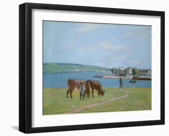 Cows on the Banks of the Seine at Saint-Mammes (Pastel)-Alfred Sisley-Framed Giclee Print