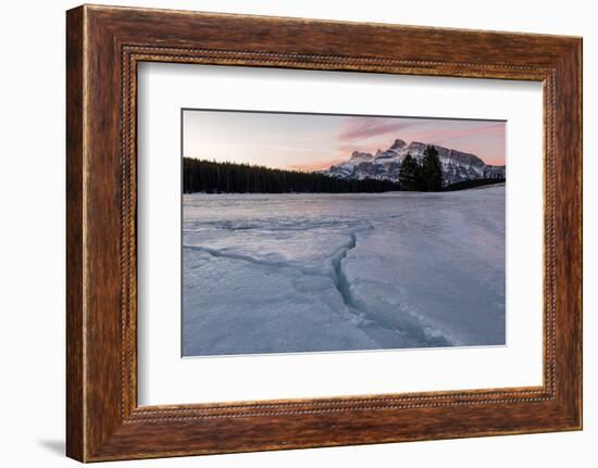 Cracks in ice on frozen lake at sunrise, Mount Rundle, Banff National Park, Alberta, Canada-null-Framed Photographic Print