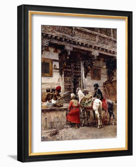 Craftsman Selling Cases by a Teak-Wood Building, Ahmedabad, C.1885-Edwin Lord Weeks-Framed Giclee Print