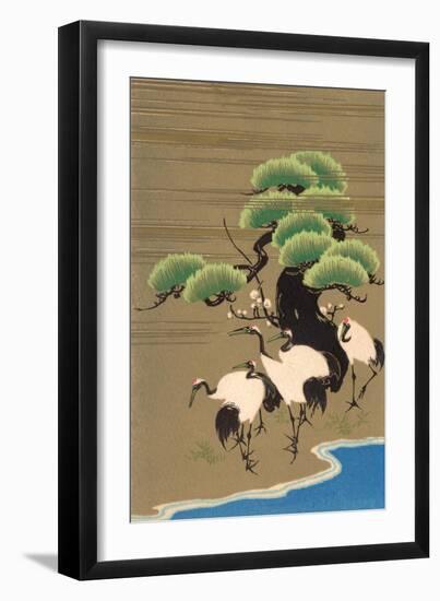 Cranes Along Riverbank-null-Framed Premium Giclee Print