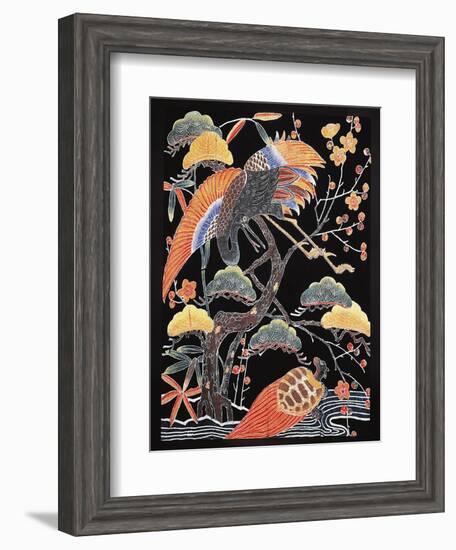 Cranes and Long-Tailed Tortoise (Tsurugame) Detail from Kimono Fabric with Auspicious Motifs-null-Framed Giclee Print