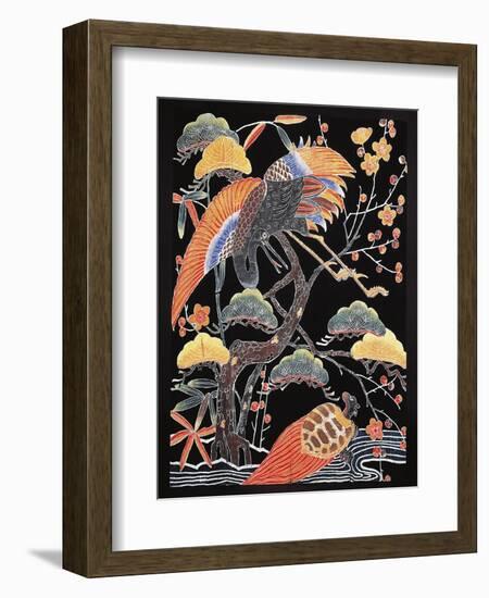 Cranes and Long-Tailed Tortoise (Tsurugame) Detail from Kimono Fabric with Auspicious Motifs-null-Framed Giclee Print