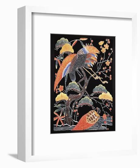 Cranes and Long-Tailed Tortoise (Tsurugame) Detail from Kimono Fabric with Auspicious Motifs-null-Framed Giclee Print