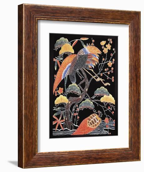 Cranes and Long-Tailed Tortoise (Tsurugame) Detail from Kimono Fabric with Auspicious Motifs-null-Framed Giclee Print