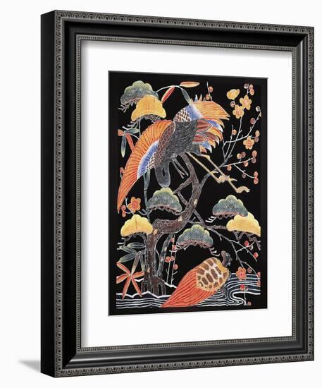 Cranes and Long-Tailed Tortoise (Tsurugame) Detail from Kimono Fabric with Auspicious Motifs-null-Framed Giclee Print