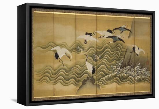 Cranes and Wave, Ink, Colour and Gold on Silk-Tani Bunchu-Framed Premier Image Canvas