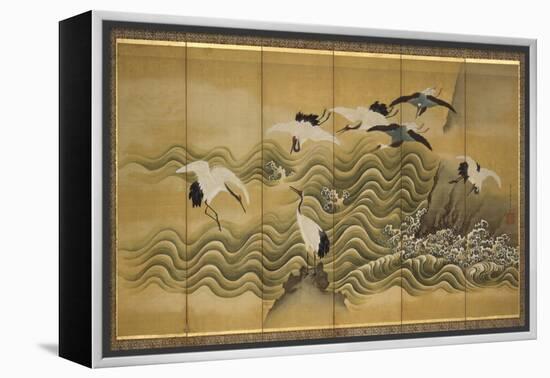 Cranes and Wave, Ink, Colour and Gold on Silk-Tani Bunchu-Framed Premier Image Canvas