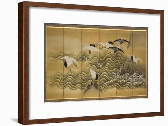 Cranes and Wave, Ink, Colour and Gold on Silk-Tani Bunchu-Framed Giclee Print