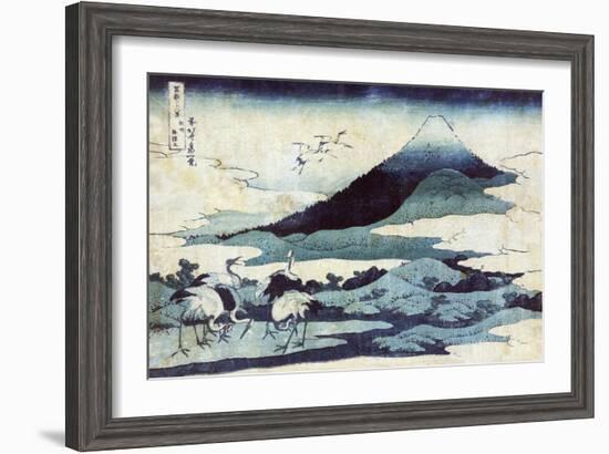 Cranes on the Ground and in Flight with Mount Fuji in the Background, Japanese Wood-Cut Print-Lantern Press-Framed Art Print