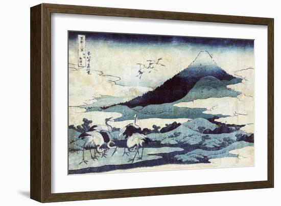 Cranes on the Ground and in Flight with Mount Fuji in the Background, Japanese Wood-Cut Print-Lantern Press-Framed Art Print