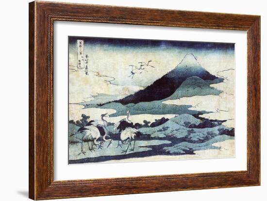 Cranes on the Ground and in Flight with Mount Fuji in the Background, Japanese Wood-Cut Print-Lantern Press-Framed Art Print