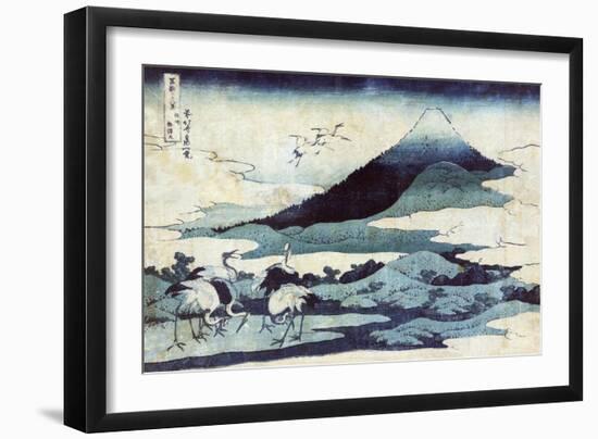 Cranes on the Ground and in Flight with Mount Fuji in the Background, Japanese Wood-Cut Print-Lantern Press-Framed Art Print