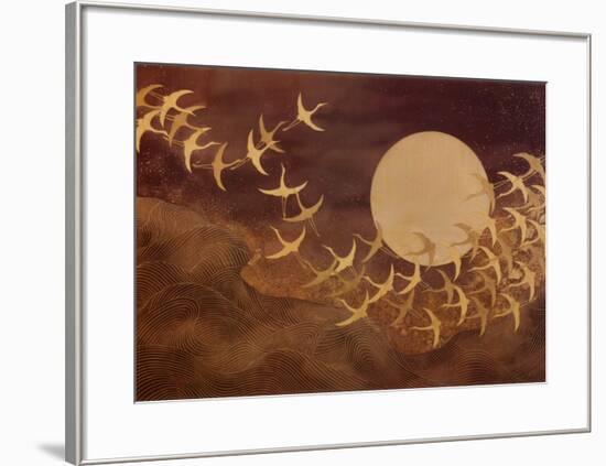 Cranes Over Moon-Keiichi Nishimura-Framed Art Print