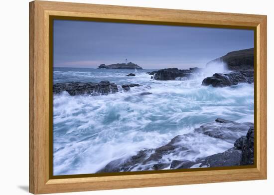 Crashing Atlantic Waves Near Godrevy Lighthouse, Cornwall, England. Winter (February)-Adam Burton-Framed Premier Image Canvas