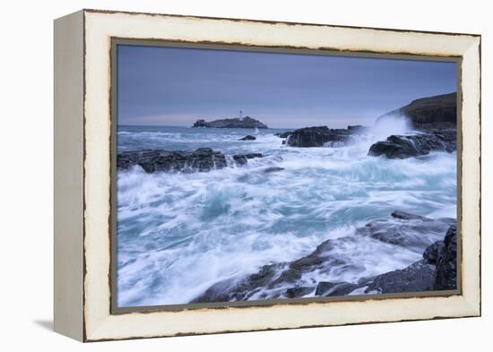 Crashing Atlantic Waves Near Godrevy Lighthouse, Cornwall, England. Winter (February)-Adam Burton-Framed Premier Image Canvas