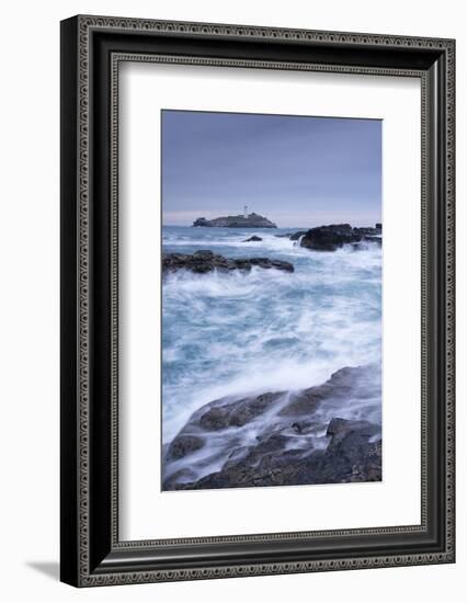 Crashing Atlantic Waves Near Godrevy Lighthouse, Cornwall, England. Winter (February)-Adam Burton-Framed Photographic Print