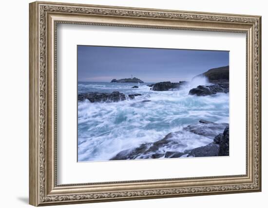 Crashing Atlantic Waves Near Godrevy Lighthouse, Cornwall, England. Winter (February)-Adam Burton-Framed Photographic Print