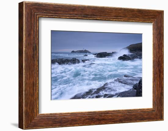 Crashing Atlantic Waves Near Godrevy Lighthouse, Cornwall, England. Winter (February)-Adam Burton-Framed Photographic Print