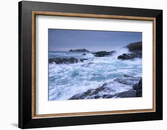 Crashing Atlantic Waves Near Godrevy Lighthouse, Cornwall, England. Winter (February)-Adam Burton-Framed Photographic Print