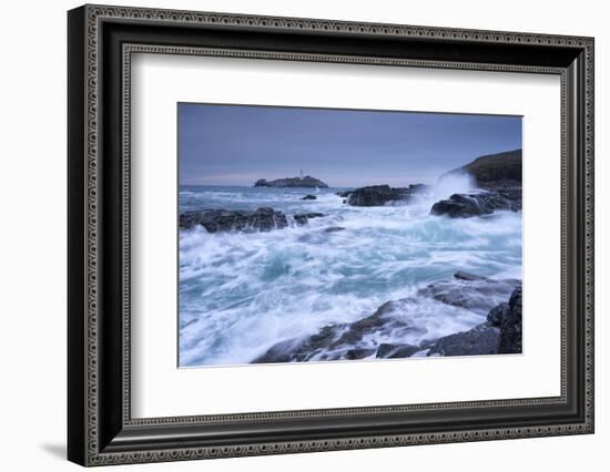 Crashing Atlantic Waves Near Godrevy Lighthouse, Cornwall, England. Winter (February)-Adam Burton-Framed Photographic Print