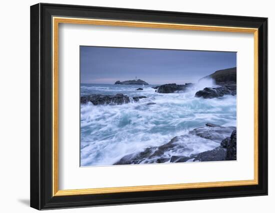 Crashing Atlantic Waves Near Godrevy Lighthouse, Cornwall, England. Winter (February)-Adam Burton-Framed Photographic Print