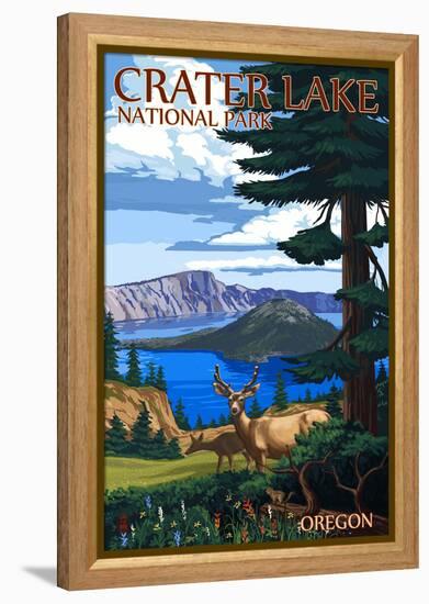 Crater Lake National Park, Oregon - Deer Family-Lantern Press-Framed Stretched Canvas