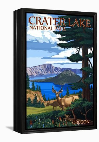 Crater Lake National Park, Oregon - Deer Family-Lantern Press-Framed Stretched Canvas