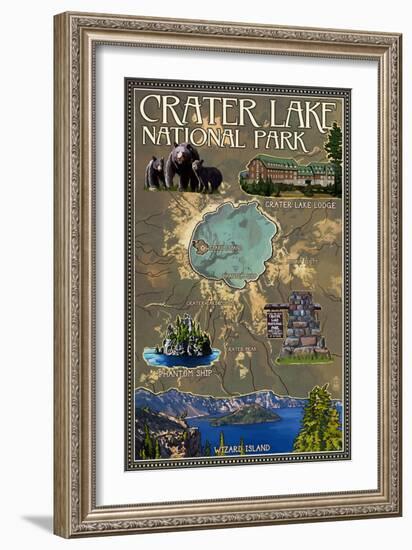 Crater Lake National Park, Oregon - Map and Icons-Lantern Press-Framed Art Print