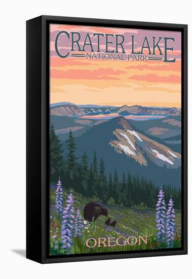 Crater Lake National Park, Oregon - Spring Flowers and Bear Family-Lantern Press-Framed Stretched Canvas