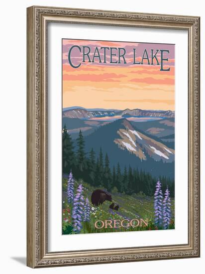 Crater Lake, Oregon - Spring Flowers and Bear Family-Lantern Press-Framed Art Print