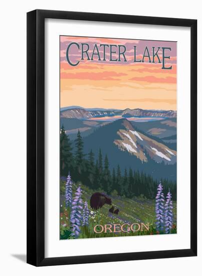 Crater Lake, Oregon - Spring Flowers and Bear Family-Lantern Press-Framed Art Print