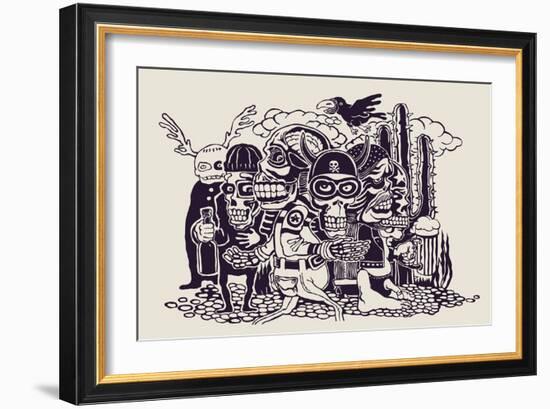 Crazy Persons, Bikers, Skulls and Cactus. Vector Illustration.-jumpingsack-Framed Art Print