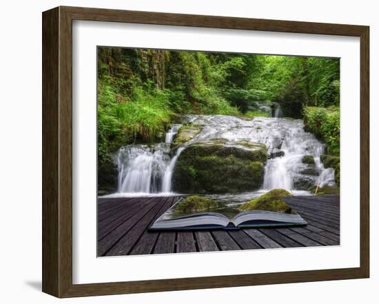 Creative Concept Image of Flowing Forest Waterfall Coming out of Pages in Magical Book-Veneratio-Framed Photographic Print