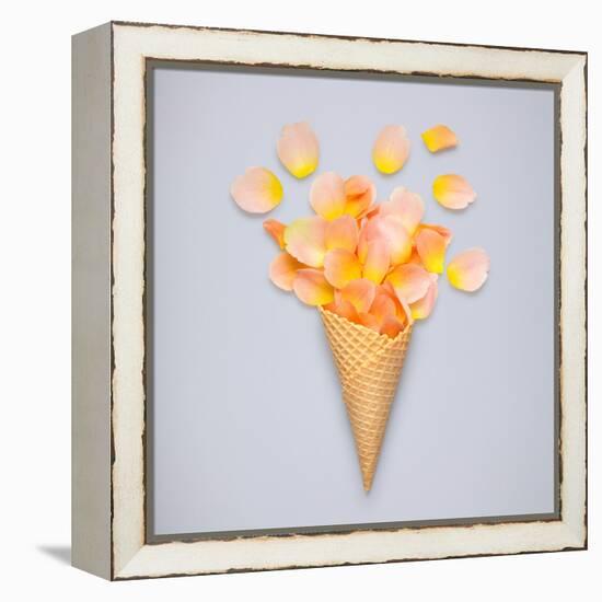 Creative Still Life of an Ice Cream Waffle Cone with Rose Petals on Grey-Fisher Photostudio-Framed Premier Image Canvas