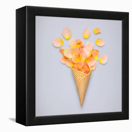 Creative Still Life of an Ice Cream Waffle Cone with Rose Petals on Grey-Fisher Photostudio-Framed Premier Image Canvas