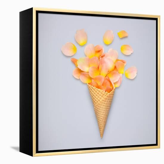 Creative Still Life of an Ice Cream Waffle Cone with Rose Petals on Grey-Fisher Photostudio-Framed Premier Image Canvas