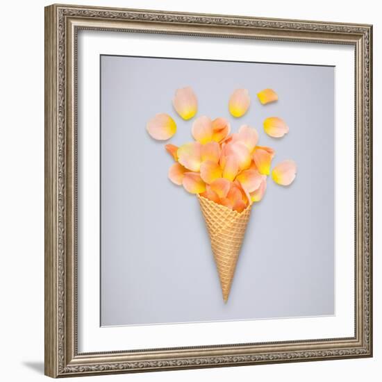 Creative Still Life of an Ice Cream Waffle Cone with Rose Petals on Grey-Fisher Photostudio-Framed Photographic Print