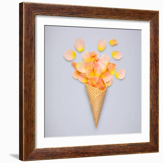 Creative Still Life of an Ice Cream Waffle Cone with Rose Petals on Grey-Fisher Photostudio-Framed Photographic Print
