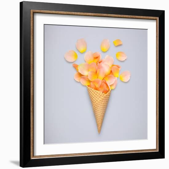 Creative Still Life of an Ice Cream Waffle Cone with Rose Petals on Grey-Fisher Photostudio-Framed Photographic Print