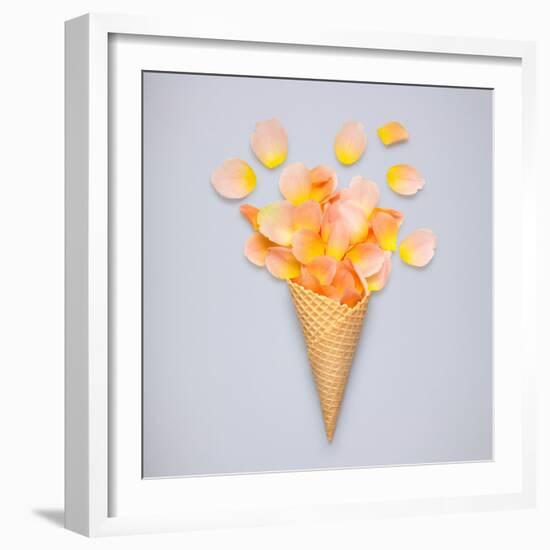 Creative Still Life of an Ice Cream Waffle Cone with Rose Petals on Grey-Fisher Photostudio-Framed Photographic Print