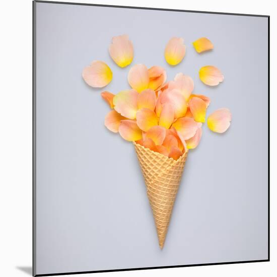 Creative Still Life of an Ice Cream Waffle Cone with Rose Petals on Grey-Fisher Photostudio-Mounted Photographic Print