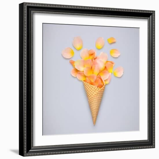 Creative Still Life of an Ice Cream Waffle Cone with Rose Petals on Grey-Fisher Photostudio-Framed Photographic Print