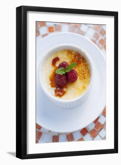 Creme Brulee With Raspberries And Mint Served At The Slanted Porch In Fallon Nevada-Shea Evans-Framed Photographic Print