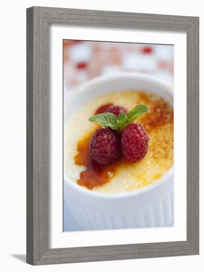 Creme Brulee With Raspberries And Mint Served At The Slanted Porch In Fallon Nevada-Shea Evans-Framed Photographic Print