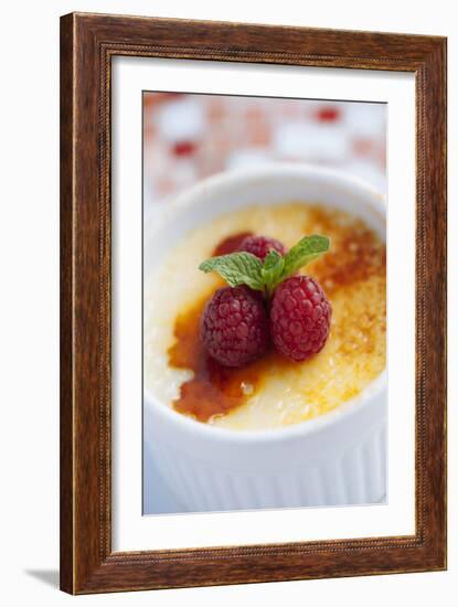 Creme Brulee With Raspberries And Mint Served At The Slanted Porch In Fallon Nevada-Shea Evans-Framed Photographic Print