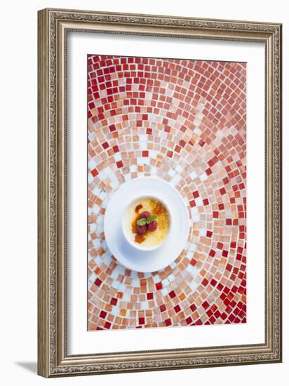 Creme Brulee With Raspberries And Mint Served At The Slanted Porch In Fallon Nevada-Shea Evans-Framed Photographic Print