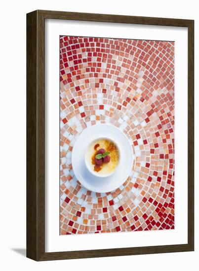 Creme Brulee With Raspberries And Mint Served At The Slanted Porch In Fallon Nevada-Shea Evans-Framed Photographic Print